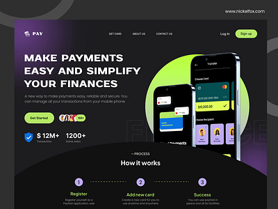 Pay- Digital Banking Landing Page Website (Dark Mode) bank banking branding cards cash dashboard digital financial fintech interface landing page mobile money payments product design savings ui wallet web design website