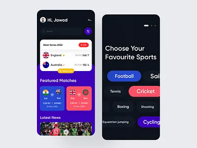 Live Score Mobile App app app design athletic basketball dark design fifa football app golf interface ios live live game live score match mobile mobile app score app sports sports app stats