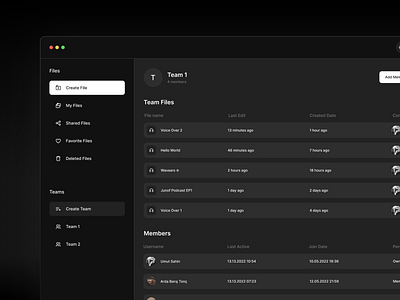 Team View 🔎 app application dashboard design edit edit sound interface junof minimal navigation podcast podcast edit product design saas saas dashboard simple ui ui design user interface web