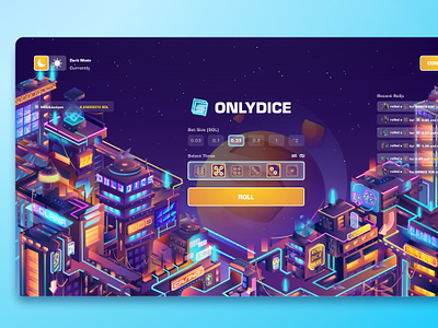 OnlyDice: Futuristic city 2d animation betting casino crypto cyberpunk dice future futuristic city gambling game game interface illustration isometric neon p2e product design retro uiux web design