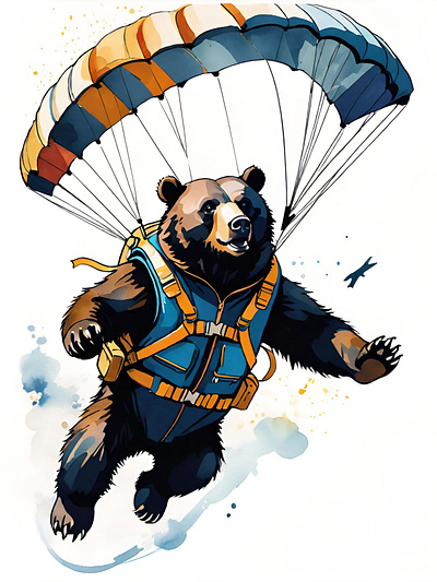 Go get 'em! bear bears funny illustration jump jumping mission parachute skydiving watercolor