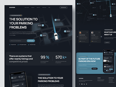 Parking App Landing Page - Digipark app landing page booking car cta darkmode features home page landing page maps parking app parking landing page parking location parking mobile saas search testimony tracking vehicle web design website