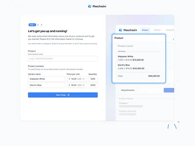 Get Started Onboarding Flow - Rechain abstract ui blue figma flow form get started gradients minimal onboarding product design saas setup sign up skeleton ui ui ui design ux ui web