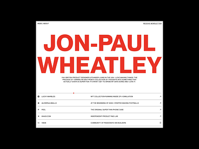 Jon-Paul Wheatley UI Animation animation balls composition dailybooth figma grid hero homepage jonpaulsballs layout minimal neue montreal personal portfolio red soccer ui vindar web design website