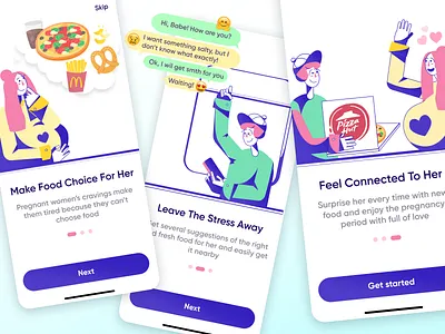 Explore Onboarding For Pregnancy Mobile App app baby cute design flat food healthy idea illustration ios location love mobile nutrition onboarding pizza pregnancy app pregnant ui women health