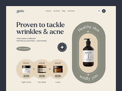Beauty Product Website UI Concept beauty care cosmetic design ecommerce elegant face glow interface landing page minimal product shopify skin skincare store ui uiux web design website