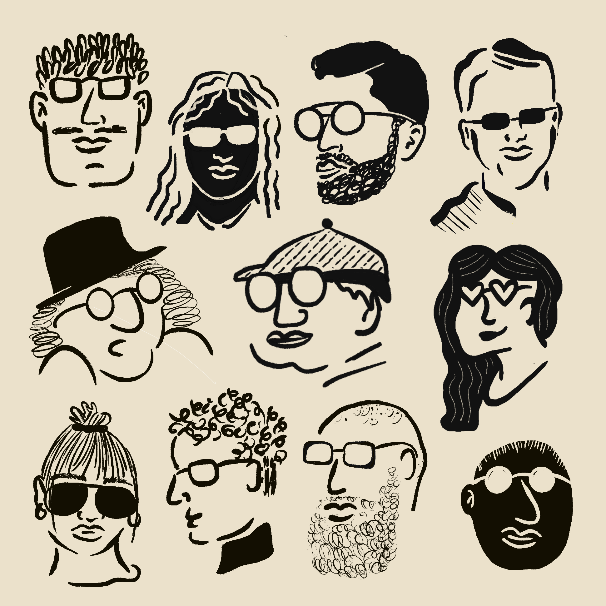 Faces illustration black branding characters drawing faces glasses graphic handdrawn illustration illustrator logo minimal pattern pen people procreate sketch spot illustration texture vector