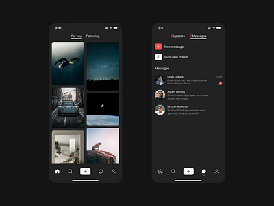 Curated Inspiration App - Dark Mode activity chat cosmos curated inspiration app dark mode design discussions figma framer home page landing page light mode messages mobile app design mobile navigation navbar pinterest product design responsive design uxuidesign