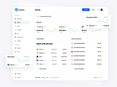 Cryptocurrencies Dashboard with Assets/Portfolio admin app assets bitcoin blockchain crypto cryptocurrency dashboard defi design ethereum finance fintech portfolio saas trading ui ui kit ux wallet