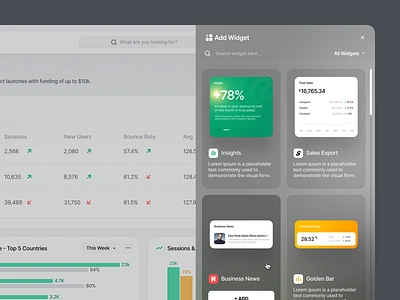 Wayflyer - Widget Slide-over add on add widget app cards clean dashboard design fintory information modal navigation organize popup sidebar slide over topbar ui user interface ux wayflyer