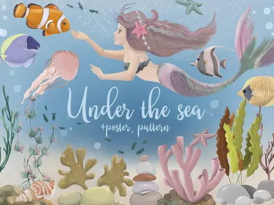 Under the sea fish jellyfish mermaid seaweed under the sea