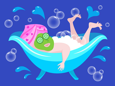 A happy girl taking a bath adobe illustrator bath bath foam bath relax bath time cartoon character character design comic face mask illustration relax spa spa for woman take bath vector