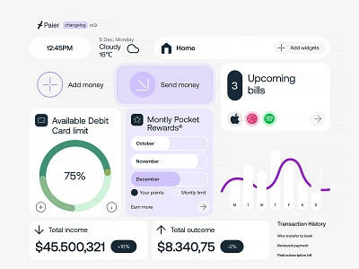 Paier Home Dashboard app banking charts clean light ui dashboard design finance finance management fintech flat design home insights panel payment stats transactions ui user experience ux web