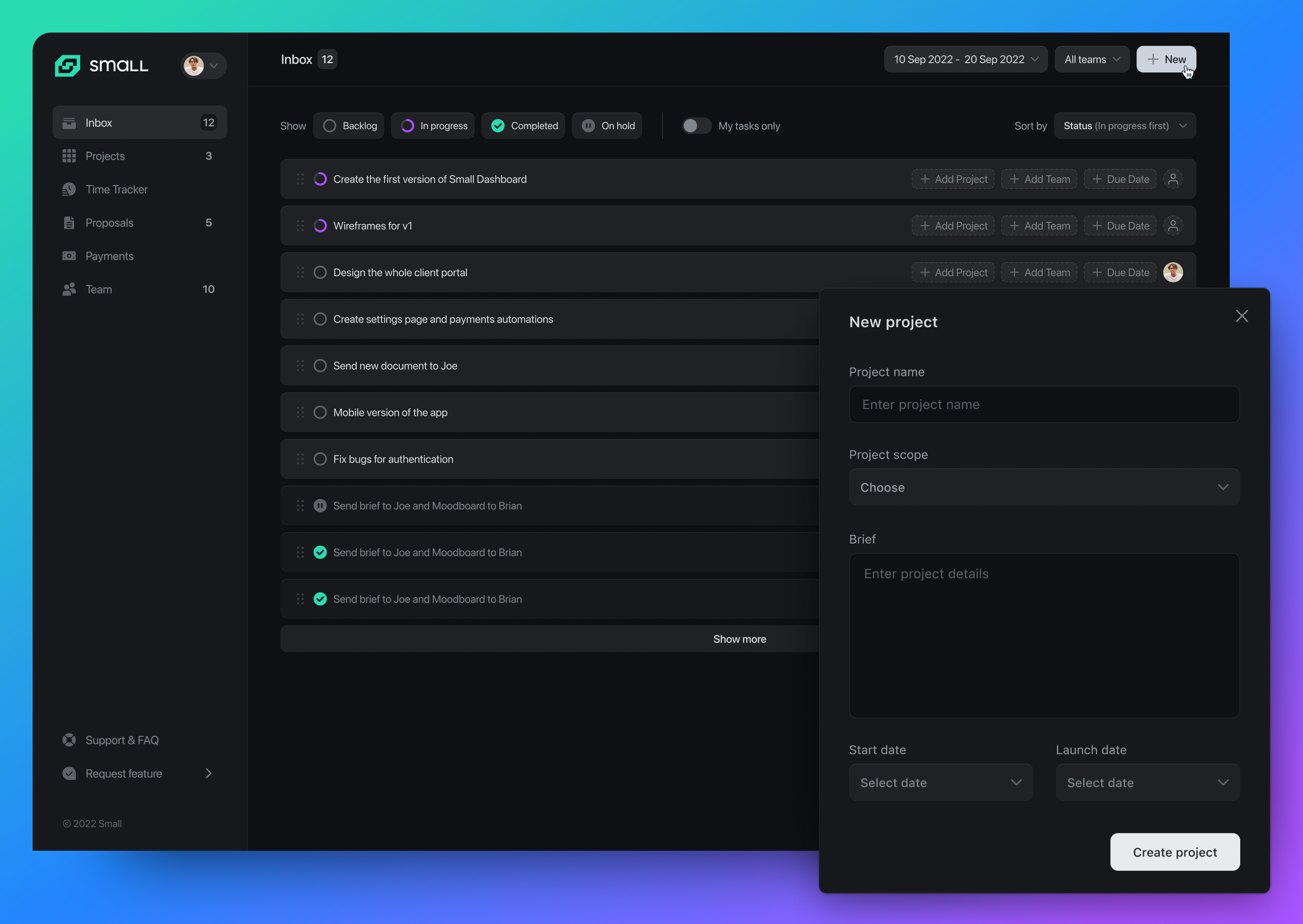 Small Dashboard - Internal project management tool dark dark mode dashboard filters list minimal modal popup project project management small to do ui