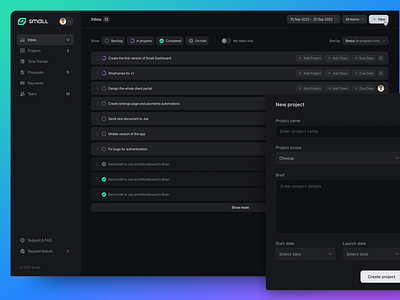 Small Dashboard - Internal project management tool dark dark mode dashboard filters list minimal modal popup project project management small to do ui