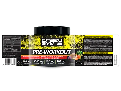 Crazy GYM Pre-workout food supplement graphic design logo package design