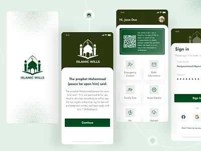 ISLAMIC WILLS APP arabic branding cards company concept design exploration illustration islam islamic app login logo minimal mobile app design muslims prayer time app ui ux vector will app