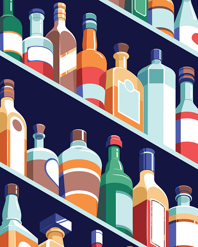 At the bar alcohol bar bottles drinks isometric night vector whiskey wine