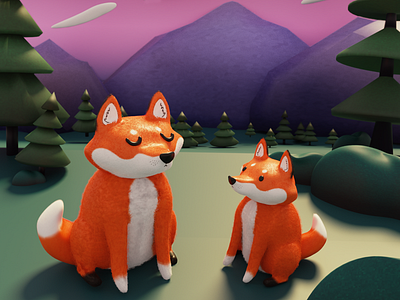 Foxes 3d 3d landscape 3d model 3d scene animal art animal illustration blender contest createasus cute fox illustration low poly simple illustration