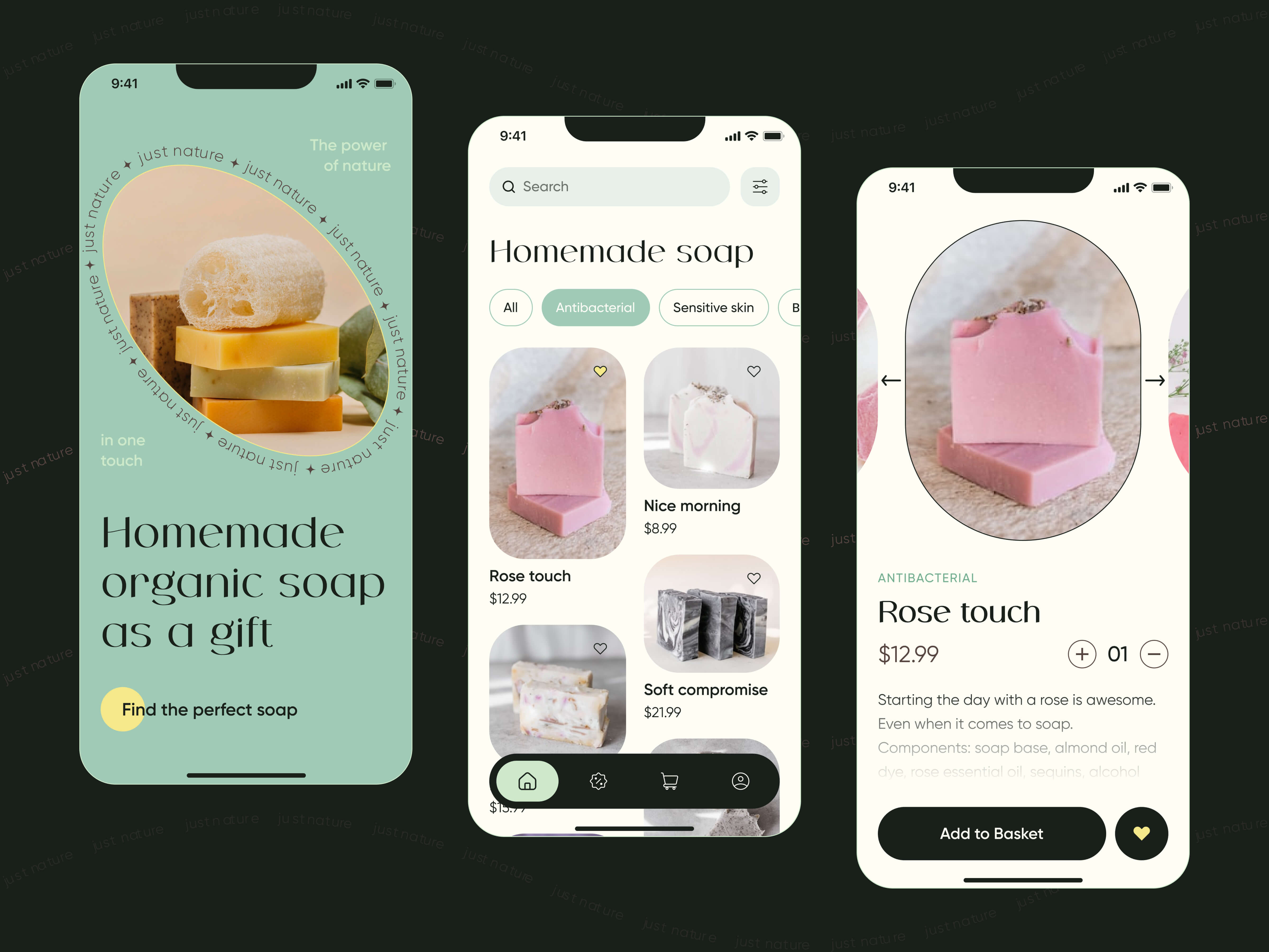 Natural handmade soap shop / cosmetics app application branding card cosmetics design figma flower graphic design green mobile natural organic pink plant soap ui ux webdesign yellow