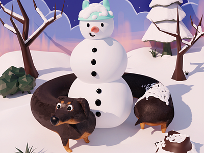 dashound 3d 3d illustration 3d model animal art animal illustration blender character illustration cute character dashound dog dog illustration illustration jamnik long dog low polygon snow man winter winter scene