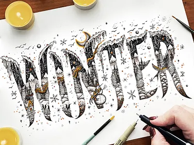 WINTER - Typography x illustration art artwork branding cabin design drawing graphic design handmade illustration landscape lettering logo mountains nature night scenery snow snowman typography winter