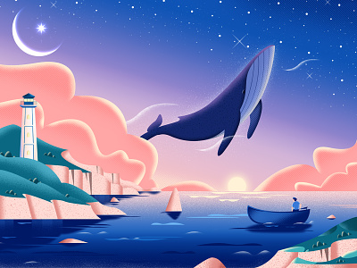 Whale in The Sky art clouds color design fantasy gradient graphic design illustration island lighthouse moon night ocean sea sky sun texture vector whale