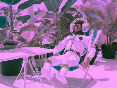 Astronaut lounging in a tropical resort in space, vaporwave app branding design graphic design illustration logo typography ui vector