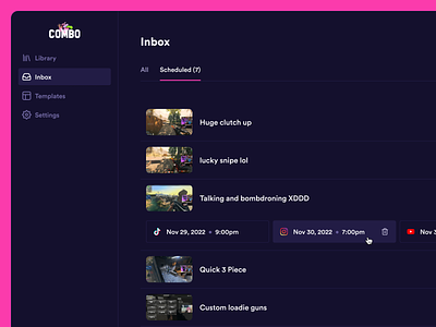 Combo - Scheduled videos clean combo hover interface rows schedule scheduled ui video web