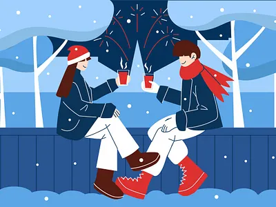 A couple sitting on a bench under the trees in winter couple design flat illustration vector