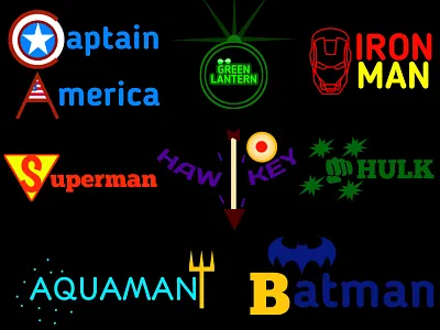 Superhero logo designs created by me aquaman bateman best branding captain america commercial cool design fan fancy graphic green lantern hawkeye illustration iron man lettering logo superhero superheros text