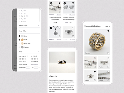 Pomeriggio Jewelry Store Mobile accessories beauty branding clean design hero page jewellery jewelry main page minimalistic mobile adaptation mobile design product page search search results shop typography ui ux web design