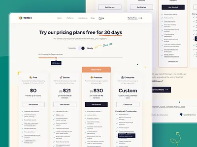 TIMELY - Pricing Plan Page | UI Design clean design clean ui digital product landing page modern plan price planning pricing plan pricing table product design responsive saas time management tracking software ui ui design uiux ux design web design website design