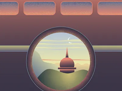 By a window illustration landscape plane sky train window