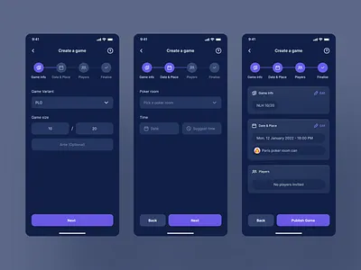 Create a game - Flop app casino dark color design desktop game game app illustration logo poker process progress purple step stepper stream ui web3 wizard