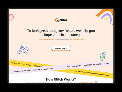 Glitch - Design Agency Landing Page branding colours dailyui design designagency designsystem illustration logo new noteworthy pastel trending ui uidesign userinterfacedesign ux webdesign