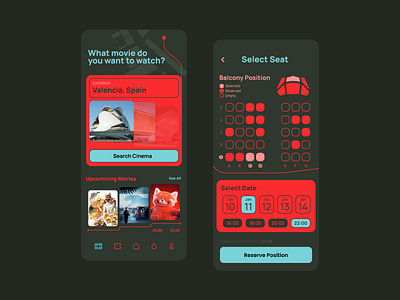 Cinema App app blue cinema contrast dark graphic design location mobile place red seat simple teatre theatre ui