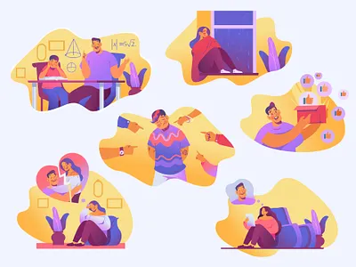 Illustrations for articles breakup characterdesign coathing development ex boyfriend family illustration teenagers ui vector