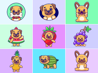 Cute Pug🐶🦴 animals bone character cosplay costume cute dog face fruit grape icon illustration logo pet pineapple pug show strawberry watermelon