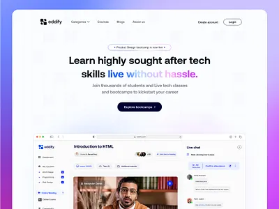 eddify Hero section dashboard design e learning education hero section landing page minimal online call saas splash tutoring ui uiux web design website zoom