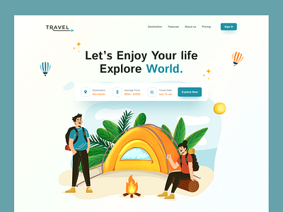 Travel agency landing page design. adventure agency booking colorful creative design destination graphic design illustration landing page logo minimal travel travel agency trip uiux website