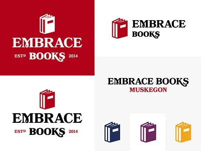 Embrace Books Logo + Branding bookman old style bookmania books branding derek mohr donation glyphs grand rapids hackathon library logo m muskegon non profit reading red responsive logo serif typography wordmark