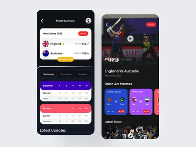 Live Score Mobile App app app design app interface cricket app dark design football interface design ios live game live matches live score minimal design mobile app mobile app design soccer app sports sports app stats streaming app ui