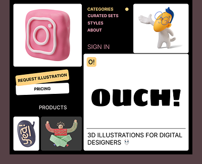 Ouch illustrations - Landing page Experimental design 3d 3d design 3d icons branding conceptual design daily ui challenges dailyui design ecommerce experimental design graphic design illustration landing page ui ui challennges ui design vector web design webpage yellow