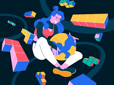 Geometric Space ball character cube earth geometric girl hug illustration love protect space universe vector woman