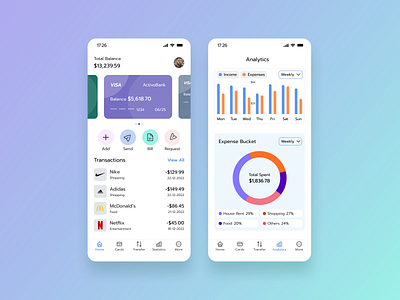 Finance service application analytical tool bank card banking service budget analysis classic design clean ui cost analysis expense management finance service master card mobile application paying bill transfer money user centered design visual design