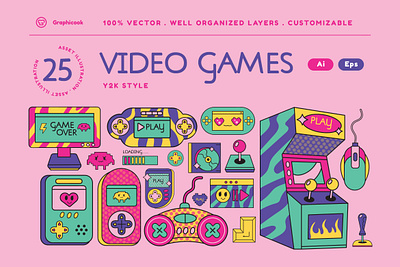 Pink Y2K Style Video Games Illustration arcade games asset console console games game console games graphicook landing page mouse pink video games y2k y2k style