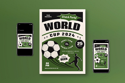 Green Retro Modern World Cup Watch Party Flyer Set ball football graphicook graphicook studio modern print template retro retro modern style soccer soccer flyer world cup