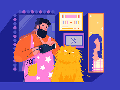 Pet Salon animal baber boy cat character flat groom illustration man people pet salon uran vector