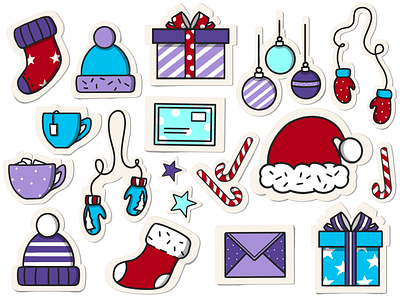 Christmas sticker pack 2d art artwork blue branding candy cane cartoon christmas clean clothing color design digital flat holiday icon illustration red simple sticker pack